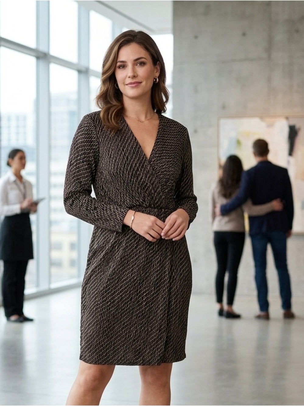 Halston Heritage Long-Sleeve Patterned Faux-Wrap Midi Dress
